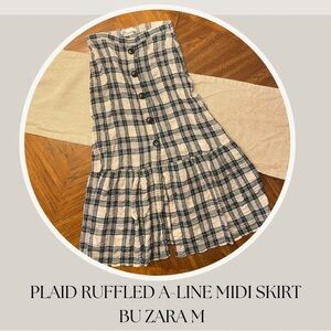 PLAID RUFFLED A-LINE MIDI SKIRT M